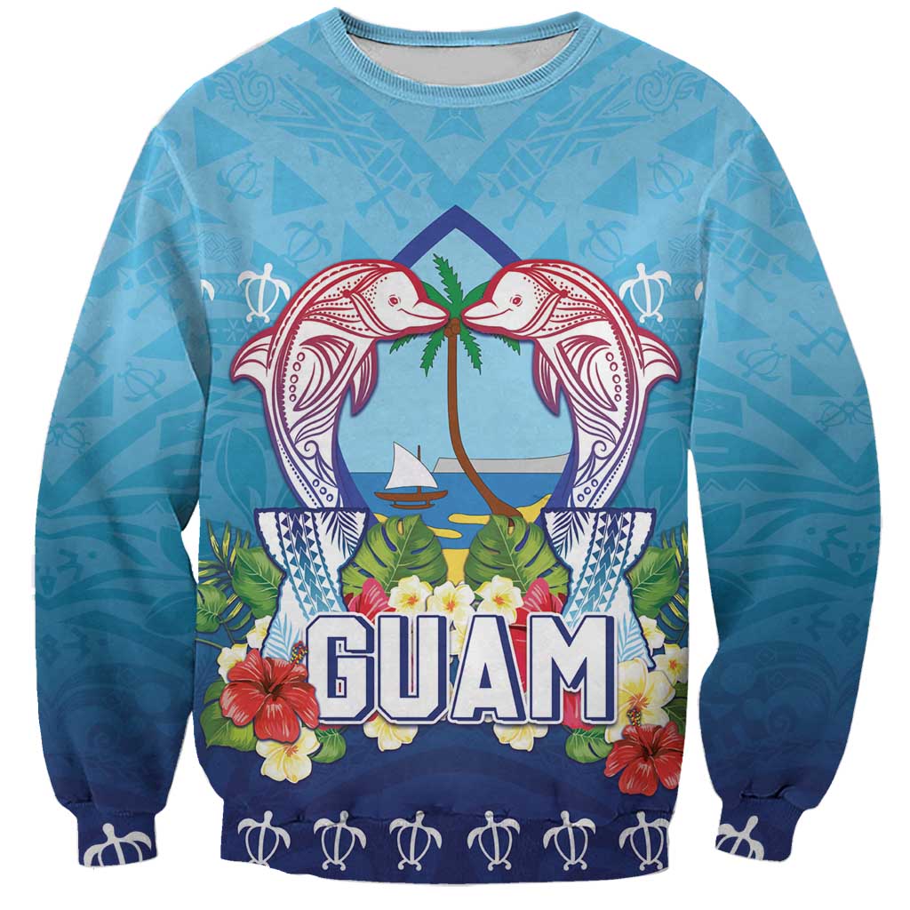 Guam Chamorro Sweatshirt Tribal Latte Stone With Dolphins Blue LT05 Unisex Blue - Polynesian Pride