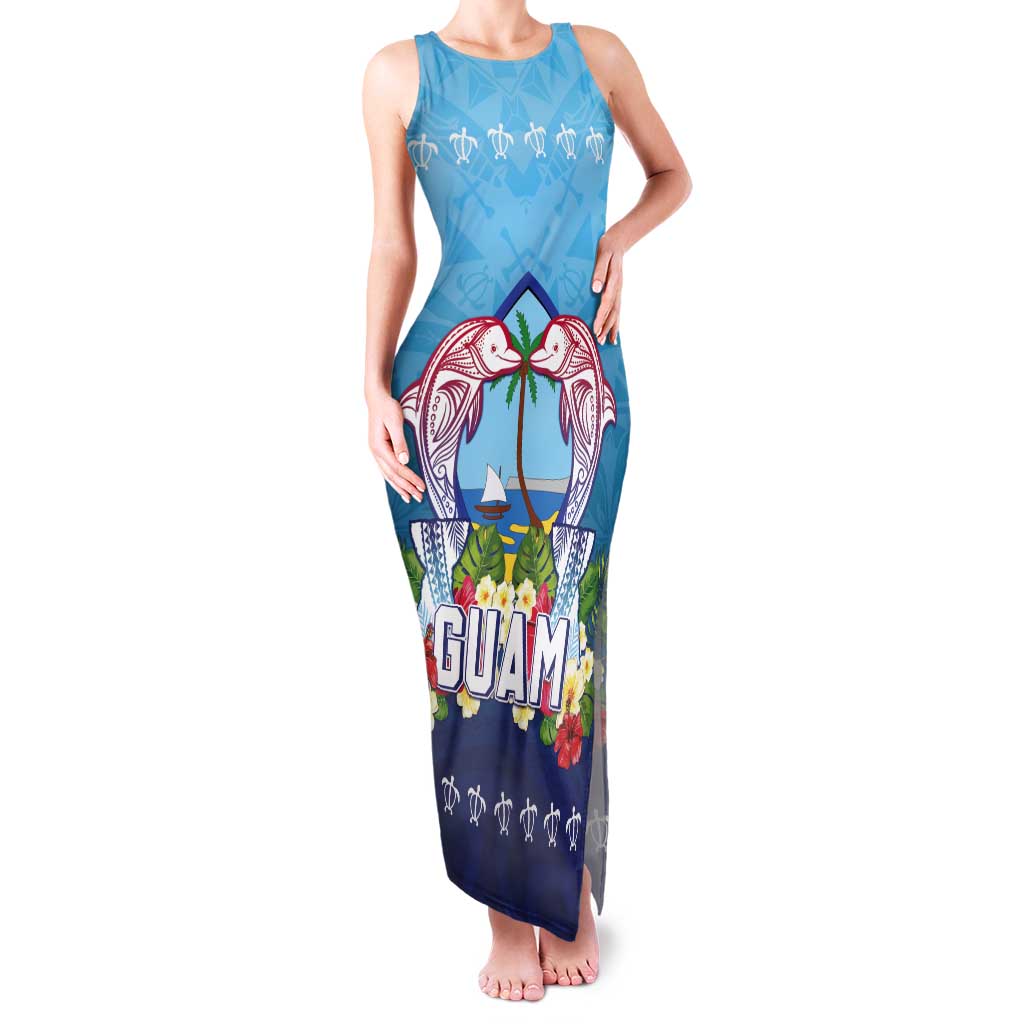 Guam Chamorro Tank Maxi Dress Tribal Latte Stone With Dolphins Blue LT05 Women Blue - Polynesian Pride