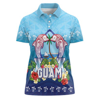 Guam Chamorro Women Polo Shirt Tribal Latte Stone With Dolphins Blue LT05 Female Blue - Polynesian Pride