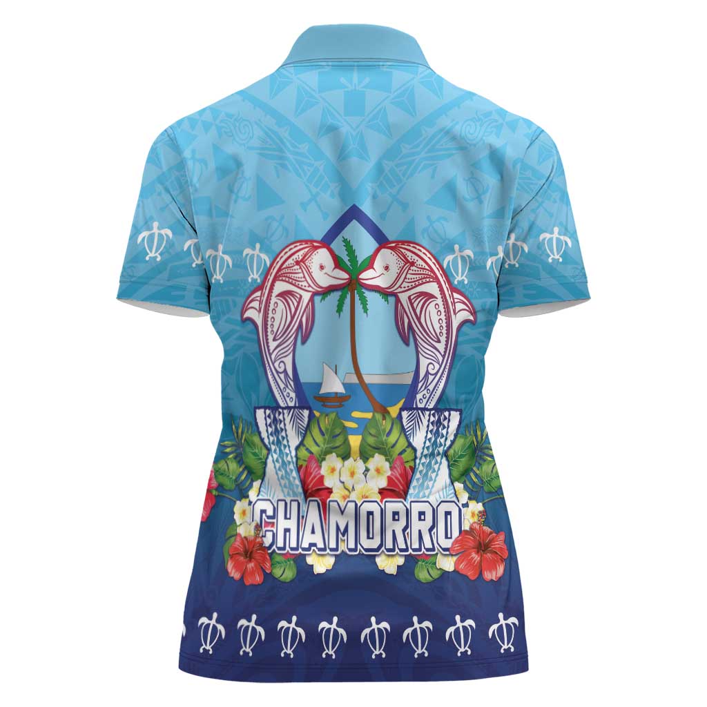 Guam Chamorro Women Polo Shirt Tribal Latte Stone With Dolphins Blue LT05 - Polynesian Pride