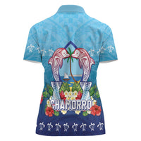 Guam Chamorro Women Polo Shirt Tribal Latte Stone With Dolphins Blue LT05 - Polynesian Pride