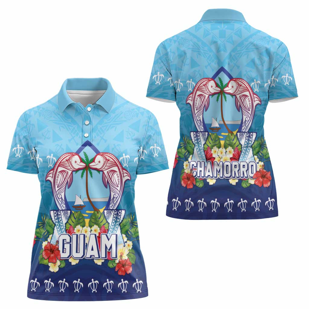 Guam Chamorro Women Polo Shirt Tribal Latte Stone With Dolphins Blue LT05 - Polynesian Pride