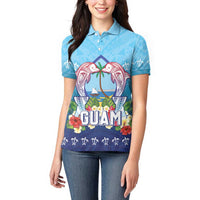 Guam Chamorro Women Polo Shirt Tribal Latte Stone With Dolphins Blue LT05 - Polynesian Pride