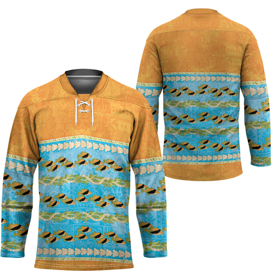 Hawaii Humuhumu Fish Maile Pikake Lei Hockey Jersey Tribal Tapa Orange Version LT05 - Polynesian Pride