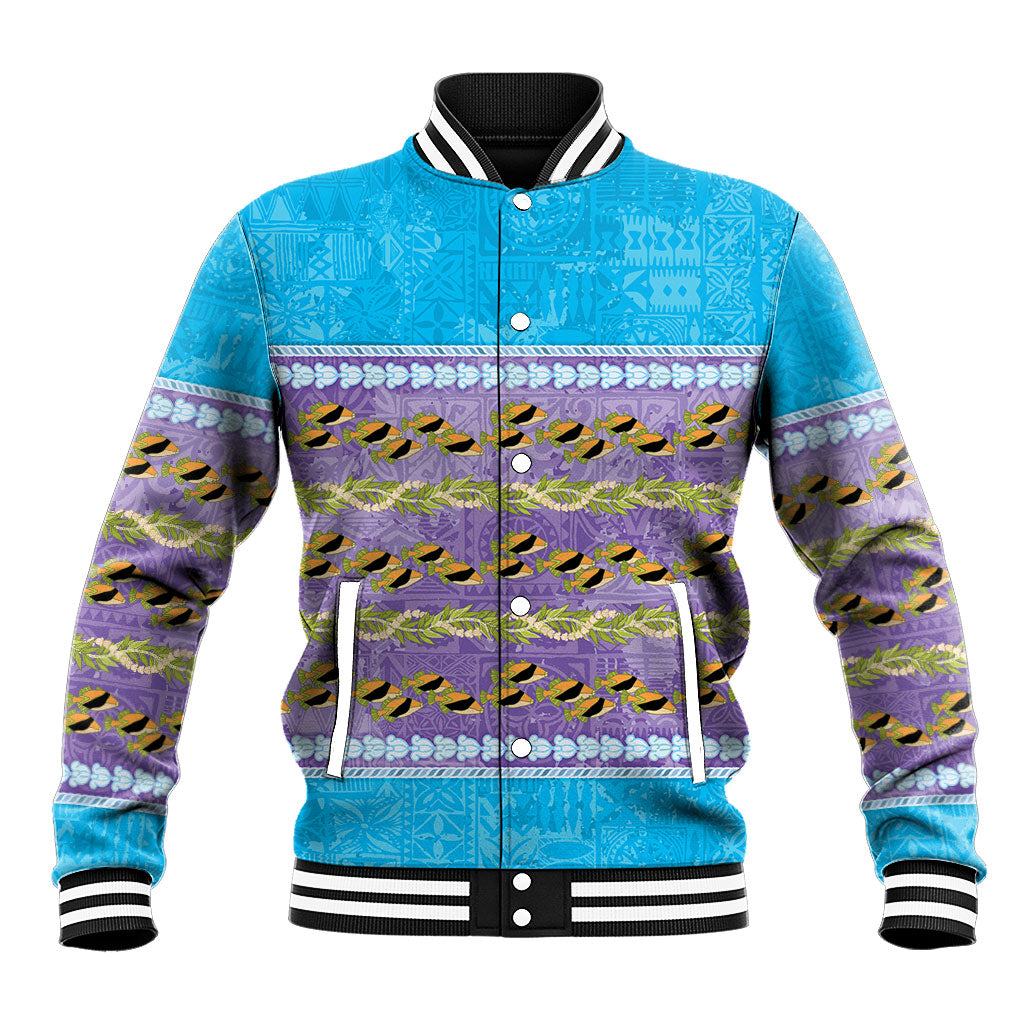 Hawaii Humuhumu Fish Maile Pikake Lei Baseball Jacket Tribal Tapa Blue Version LT05 Unisex Blue - Polynesian Pride