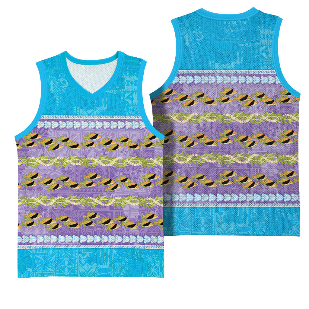 Hawaii Humuhumu Fish Maile Pikake Lei Basketball Jersey Tribal Tapa Blue Version LT05 - Polynesian Pride