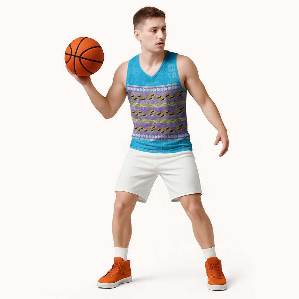 Hawaii Humuhumu Fish Maile Pikake Lei Basketball Jersey Tribal Tapa Blue Version LT05 - Polynesian Pride