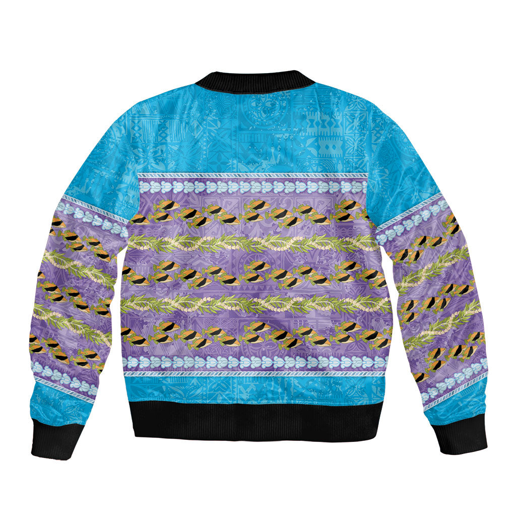 Hawaii Humuhumu Fish Maile Pikake Lei Bomber Jacket Tribal Tapa Blue Version LT05 - Polynesian Pride