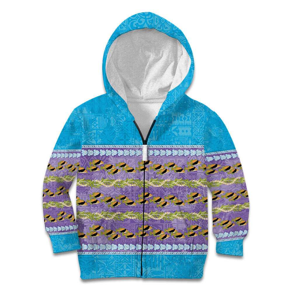 Hawaii Humuhumu Fish Maile Pikake Lei Kid Hoodie Tribal Tapa Blue Version LT05 Zip Hoodie Blue - Polynesian Pride