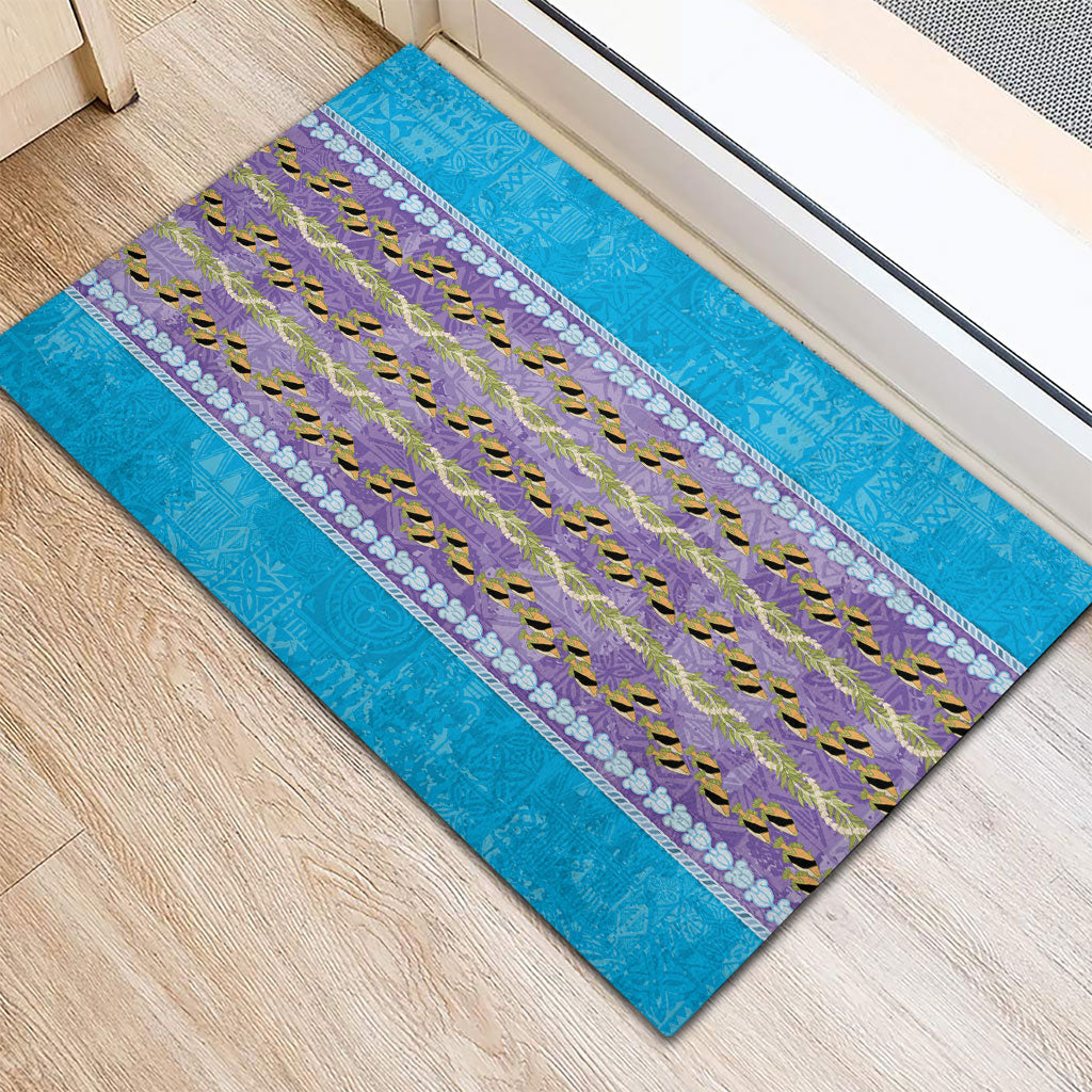 Hawaii Humuhumu Fish Maile Pikake Lei Rubber Doormat Tribal Tapa Blue Version LT05 - Polynesian Pride