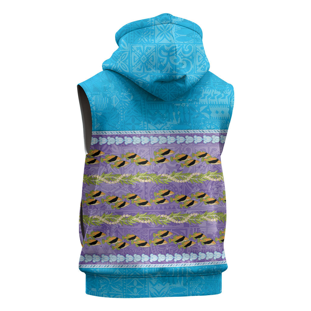 Hawaii Humuhumu Fish Maile Pikake Lei Sleeveless Hoodie Tribal Tapa Blue Version LT05 - Polynesian Pride