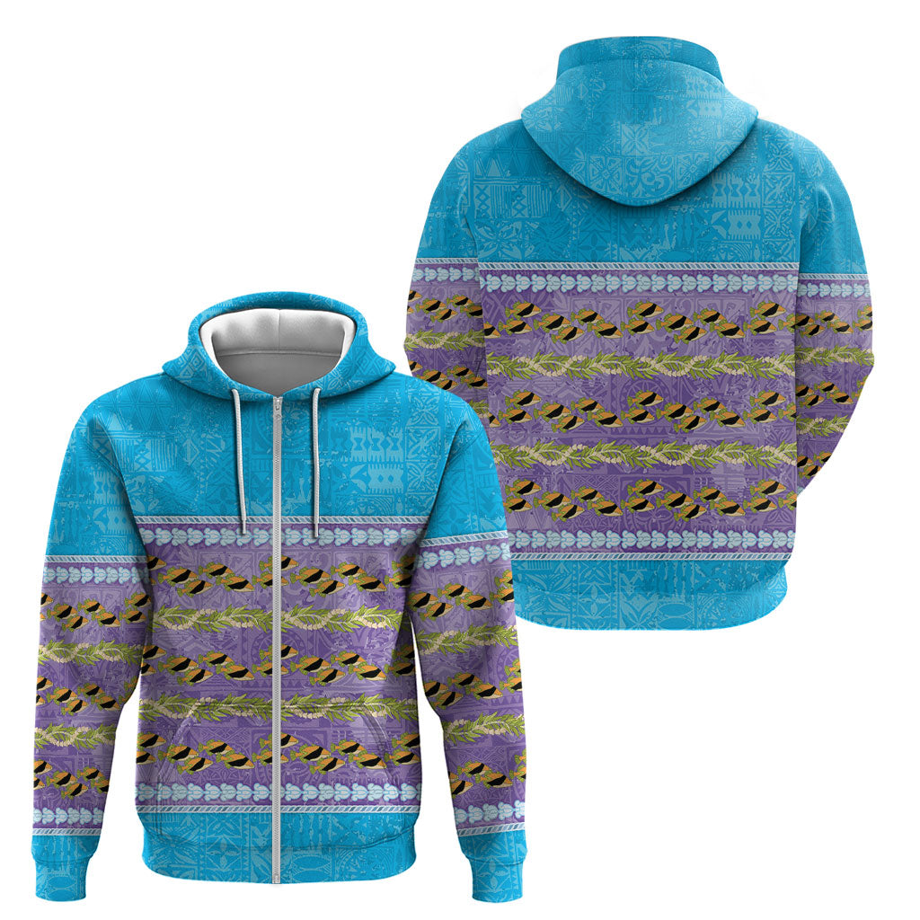 Hawaii Humuhumu Fish Maile Pikake Lei Zip Hoodie Tribal Tapa Blue Version LT05 - Polynesian Pride