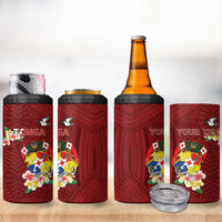 Personalised Tonga 4 in 1 Can Cooler Tumbler Coat Of Arms Plumeria With Ngatu Pattern LT05 - Polynesian Pride