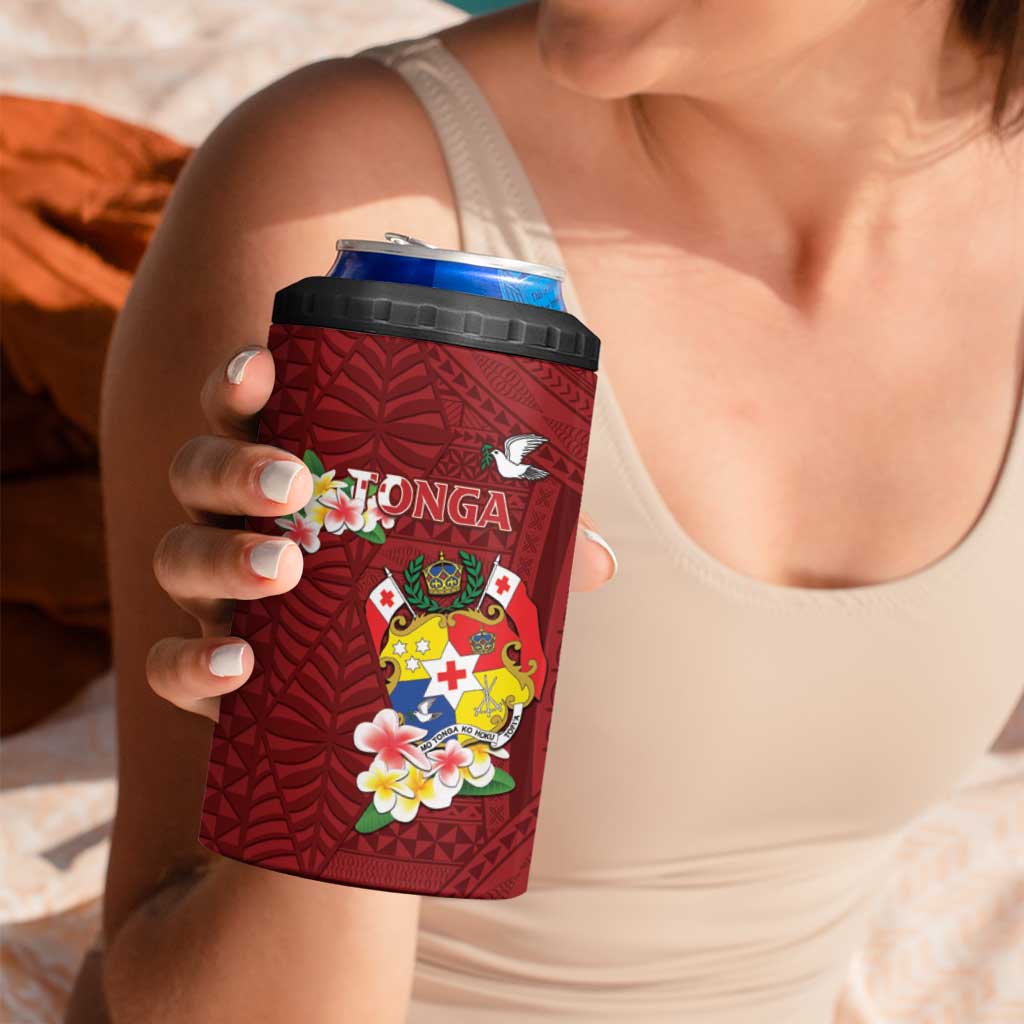 Personalised Tonga 4 in 1 Can Cooler Tumbler Coat Of Arms Plumeria With Ngatu Pattern LT05 - Polynesian Pride