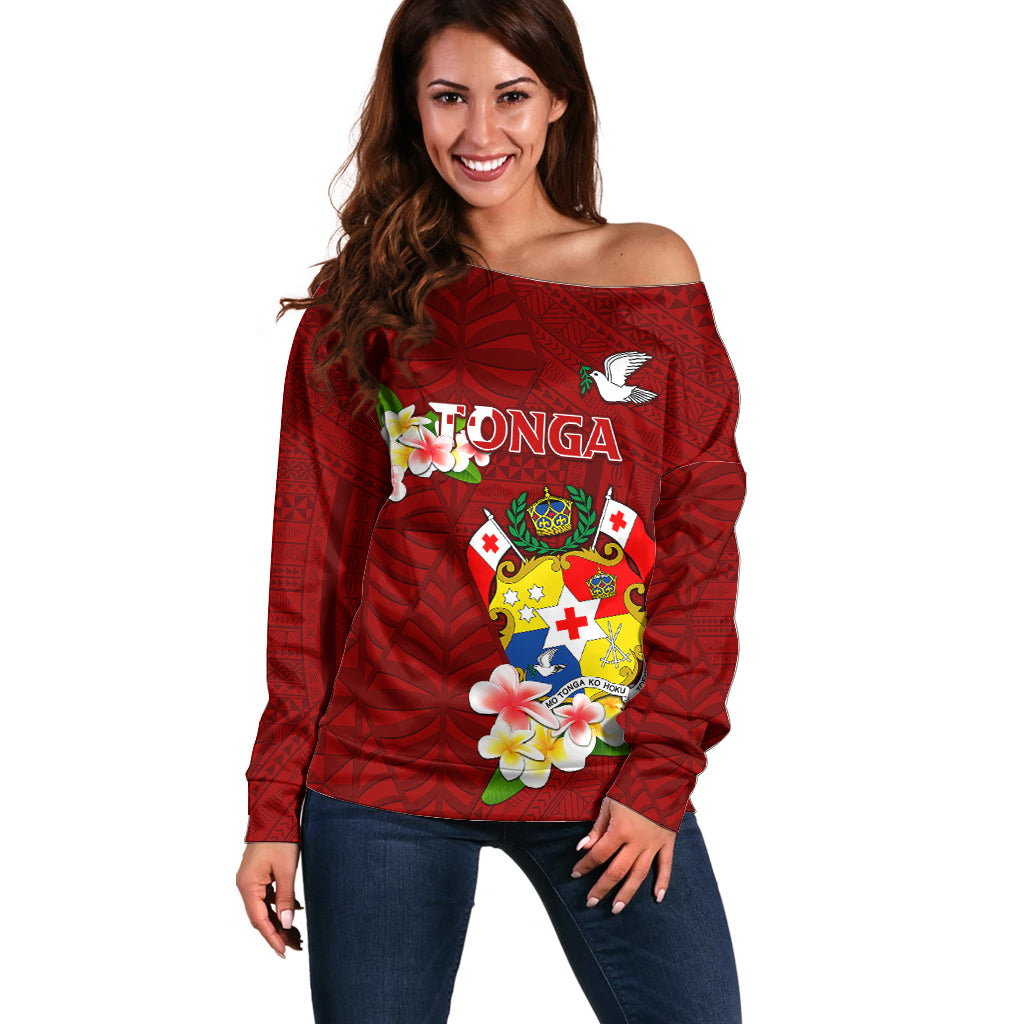Personalized Tonga Off Shoulder Sweater Coat Of Arms Plumeria With Ngatu Pattern LT05 Women Red - Polynesian Pride