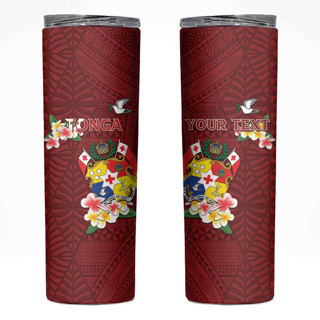 Personalised Tonga Skinny Tumbler Coat Of Arms Plumeria With Ngatu Pattern LT05 Red - Polynesian Pride