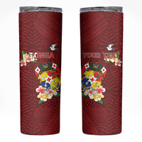 Personalised Tonga Skinny Tumbler Coat Of Arms Plumeria With Ngatu Pattern LT05 Red - Polynesian Pride