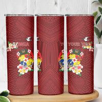 Personalised Tonga Skinny Tumbler Coat Of Arms Plumeria With Ngatu Pattern LT05 - Polynesian Pride