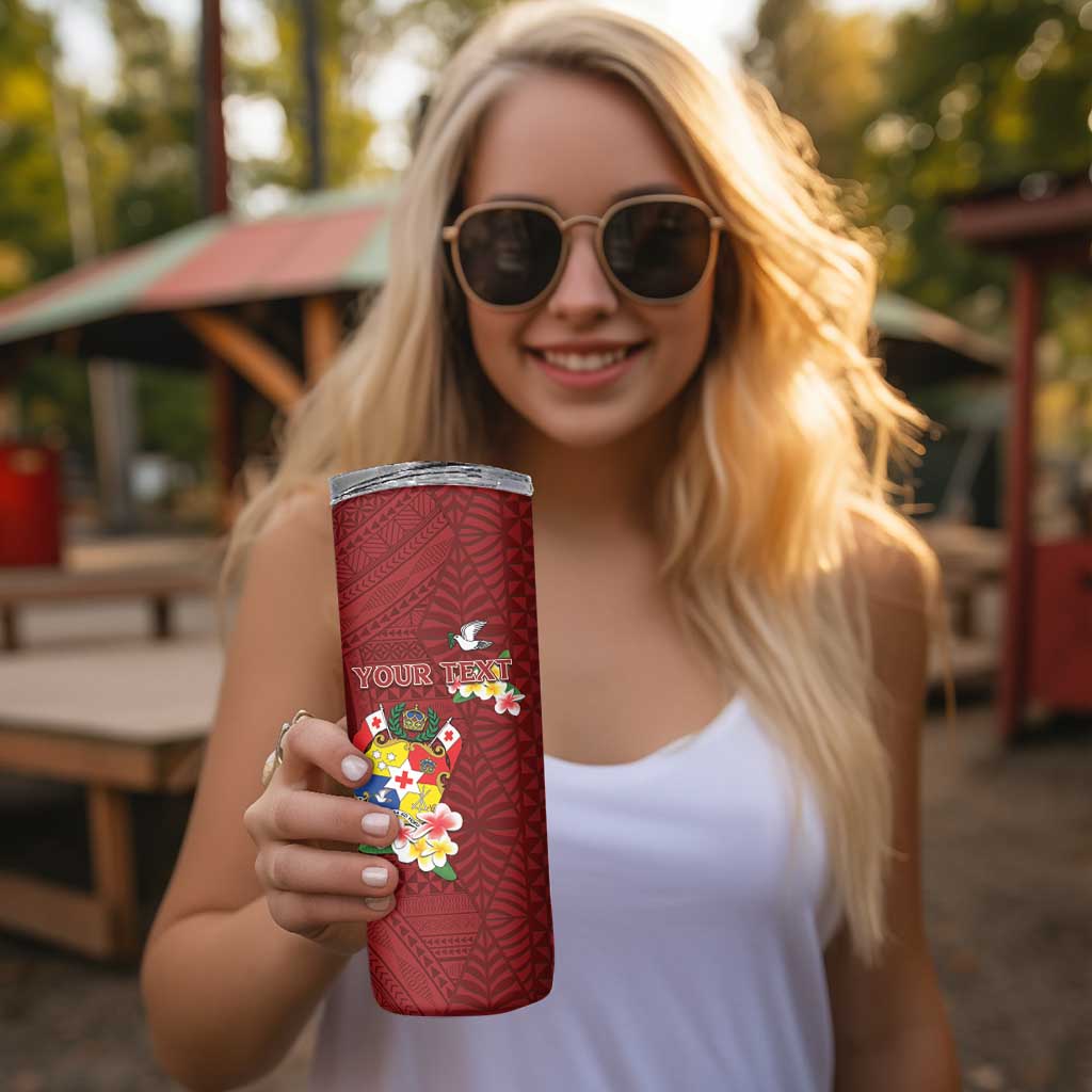 Personalised Tonga Skinny Tumbler Coat Of Arms Plumeria With Ngatu Pattern LT05 - Polynesian Pride