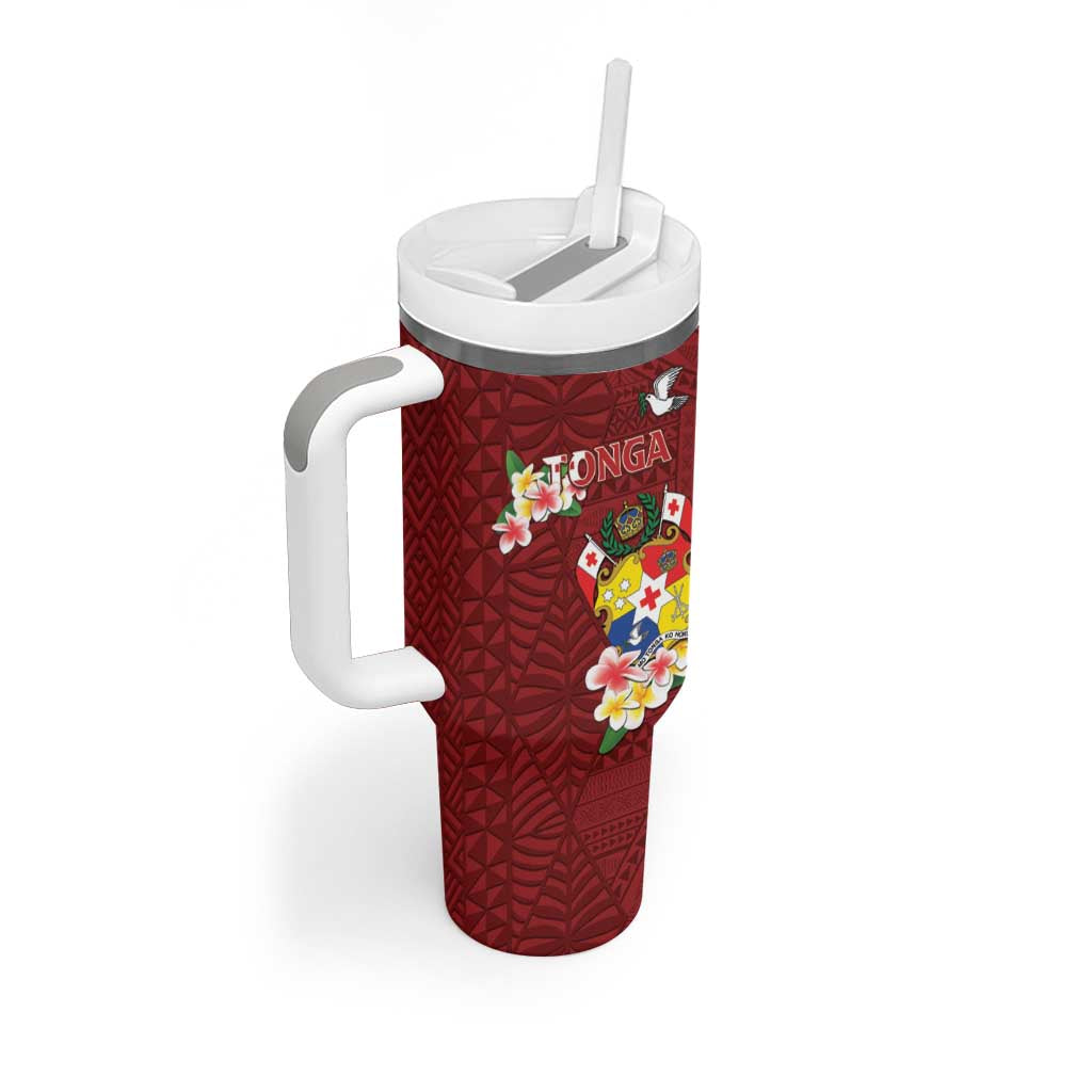 Personalised Tonga Tumbler With Handle Coat Of Arms Plumeria With Ngatu Pattern LT05 - Polynesian Pride