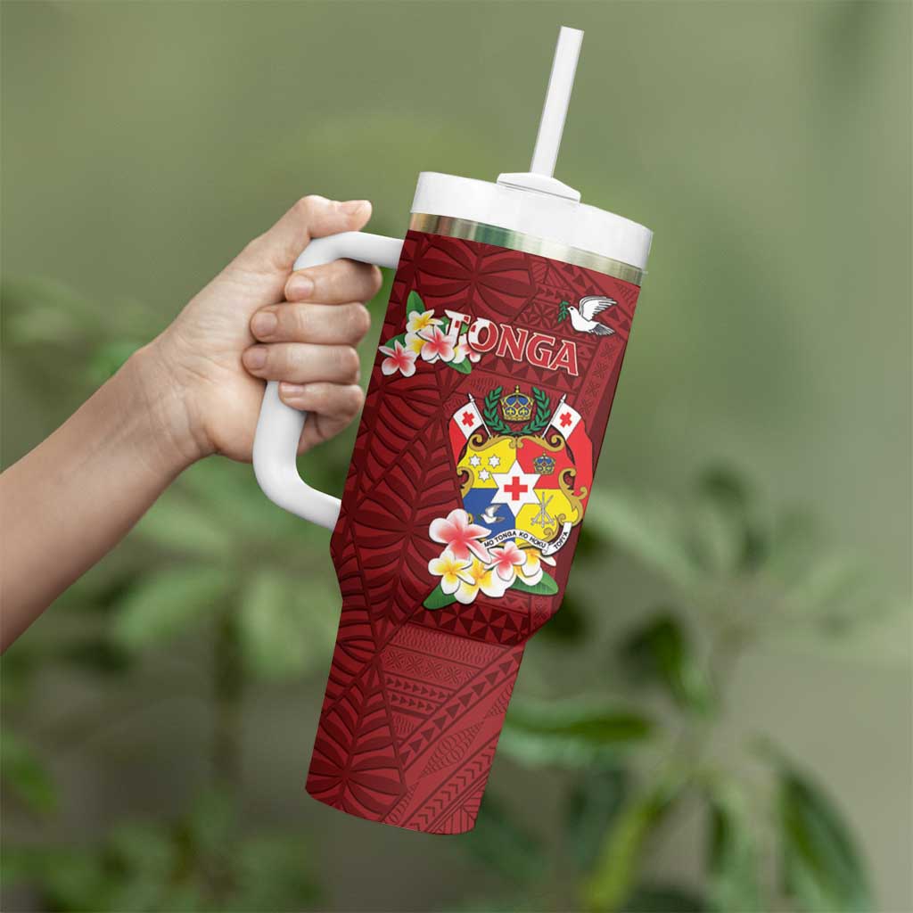 Personalised Tonga Tumbler With Handle Coat Of Arms Plumeria With Ngatu Pattern LT05 - Polynesian Pride