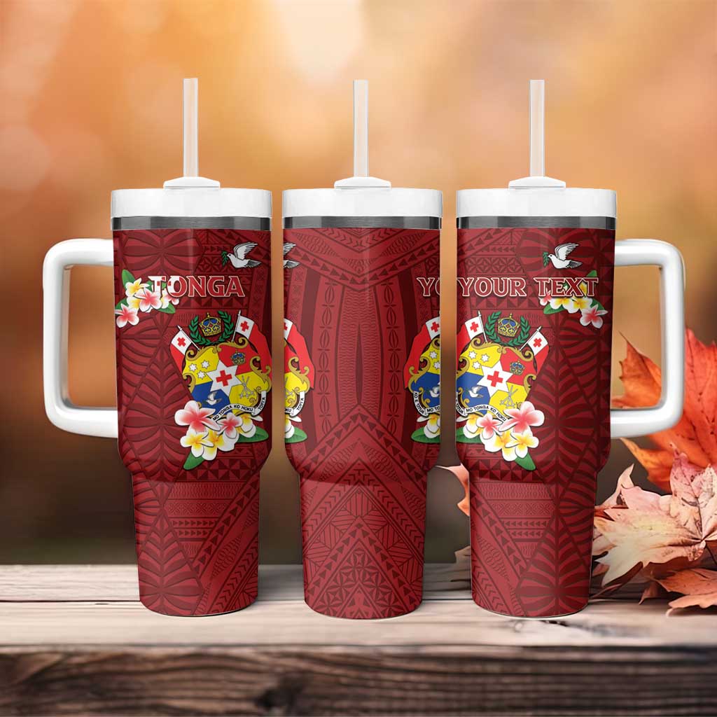 Personalised Tonga Tumbler With Handle Coat Of Arms Plumeria With Ngatu Pattern LT05 - Polynesian Pride