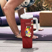 Personalised Tonga Tumbler With Handle Coat Of Arms Plumeria With Ngatu Pattern LT05 - Polynesian Pride