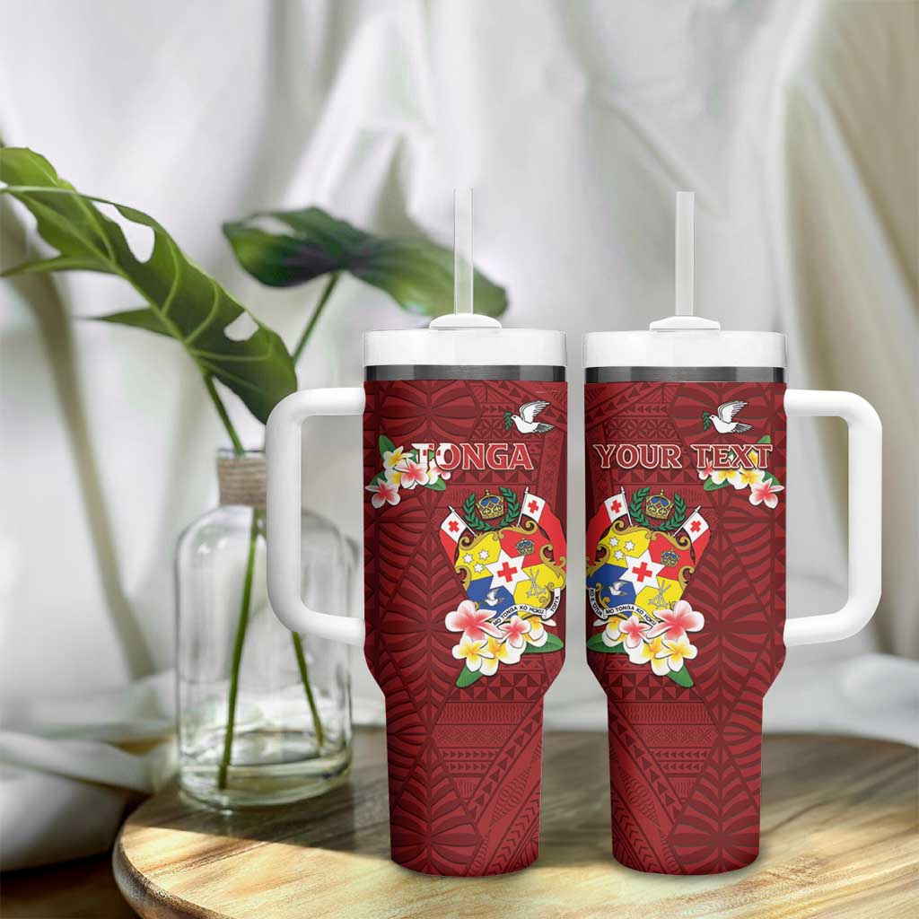 Personalised Tonga Tumbler With Handle Coat Of Arms Plumeria With Ngatu Pattern LT05 - Polynesian Pride