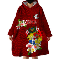 Personalized Tonga Wearable Blanket Hoodie Coat Of Arms Plumeria With Ngatu Pattern LT05 - Polynesian Pride