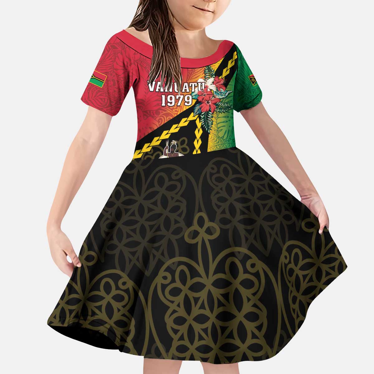 Happy Vanuatu Constitution Day Kid Short Sleeve Dress Flag Style With Sand Drawing Pattern LT05 KID Red - Polynesian Pride