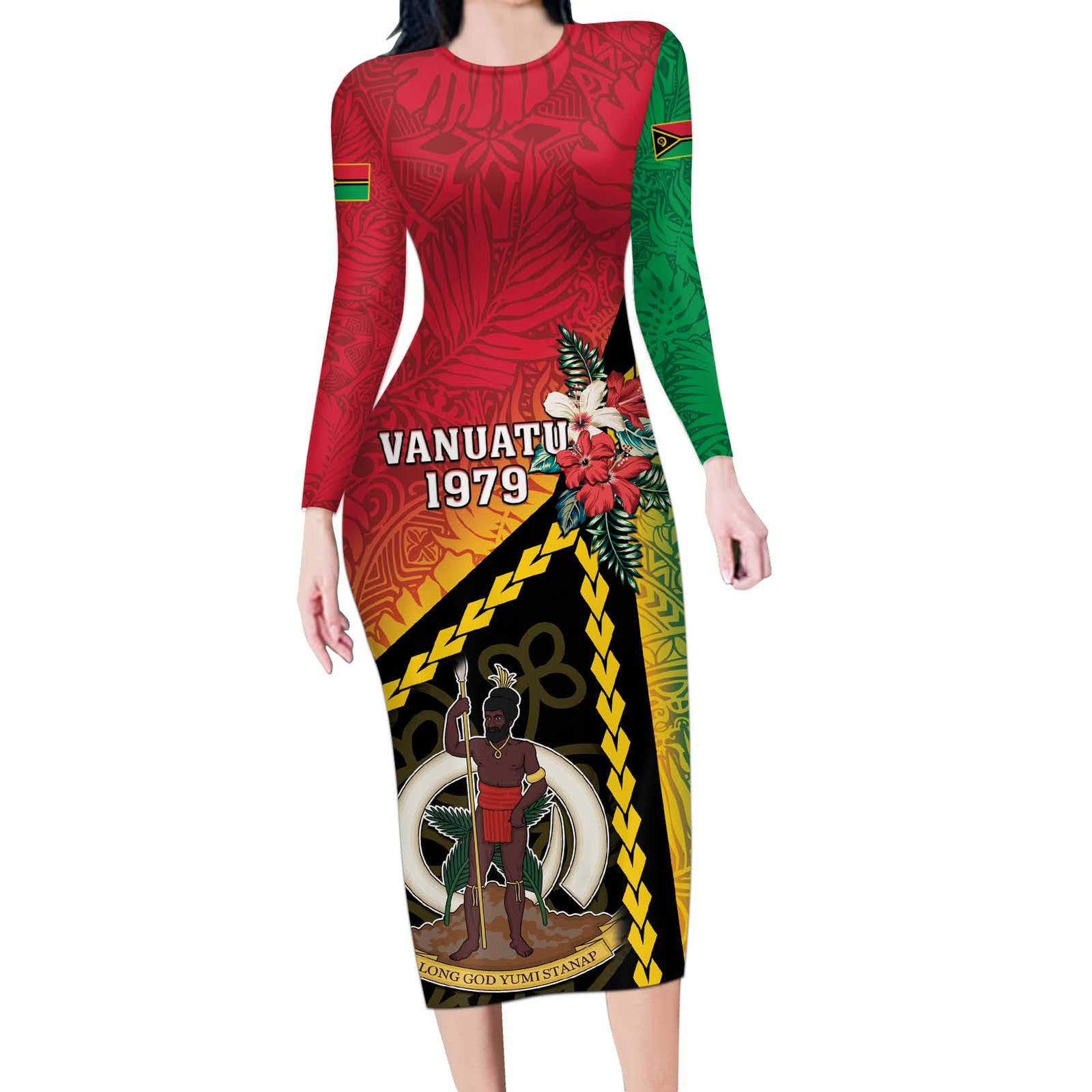 Happy Vanuatu Constitution Day Long Sleeve Bodycon Dress Flag Style With Sand Drawing Pattern LT05 Long Dress Red - Polynesian Pride