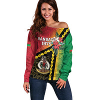 Happy Vanuatu Constitution Day Off Shoulder Sweater Flag Style With Sand Drawing Pattern LT05 Women Red - Polynesian Pride