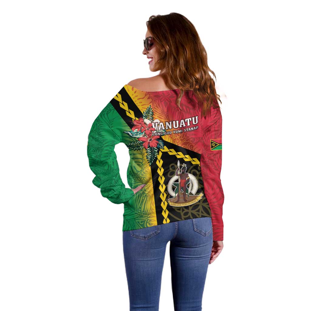Happy Vanuatu Constitution Day Off Shoulder Sweater Flag Style With Sand Drawing Pattern LT05 - Polynesian Pride