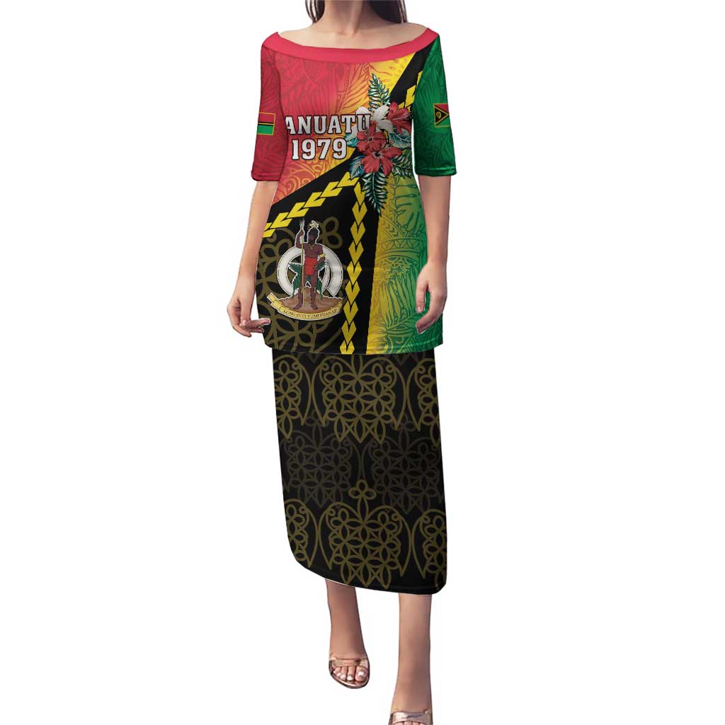 Happy Vanuatu Constitution Day Puletasi Flag Style With Sand Drawing Pattern LT05 Long Dress Red - Polynesian Pride