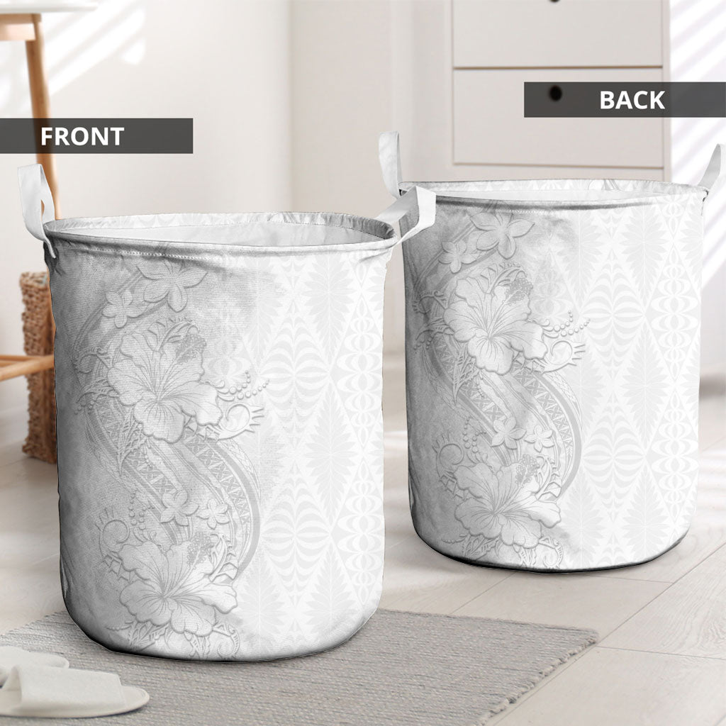 Tokelau White Sunday Laundry Basket Elegant Hibiscus Polynesian Tribal Pattern LT05 - Polynesian Pride
