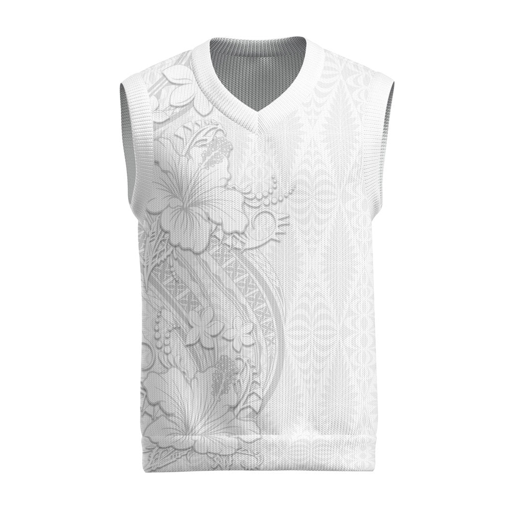 Tokelau White Sunday Christmas Knitted V-Neck Vest Elegant Hibiscus Polynesian Tribal Pattern LT05 White - Polynesian Pride