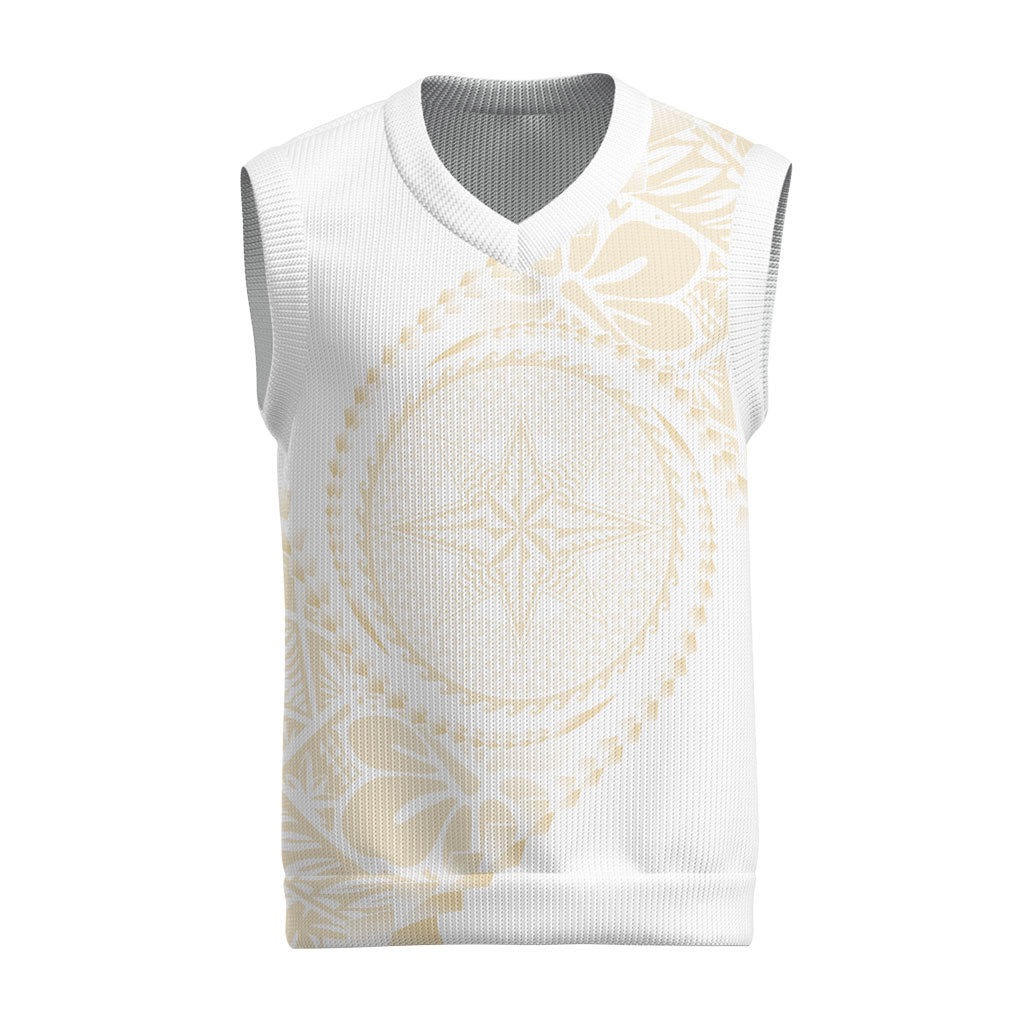 Tonga White Sunday Christmas Knitted V-Neck Vest Lotu Tamaiti Tongan Kupesi Pattern LT05 Beige - Polynesian Pride