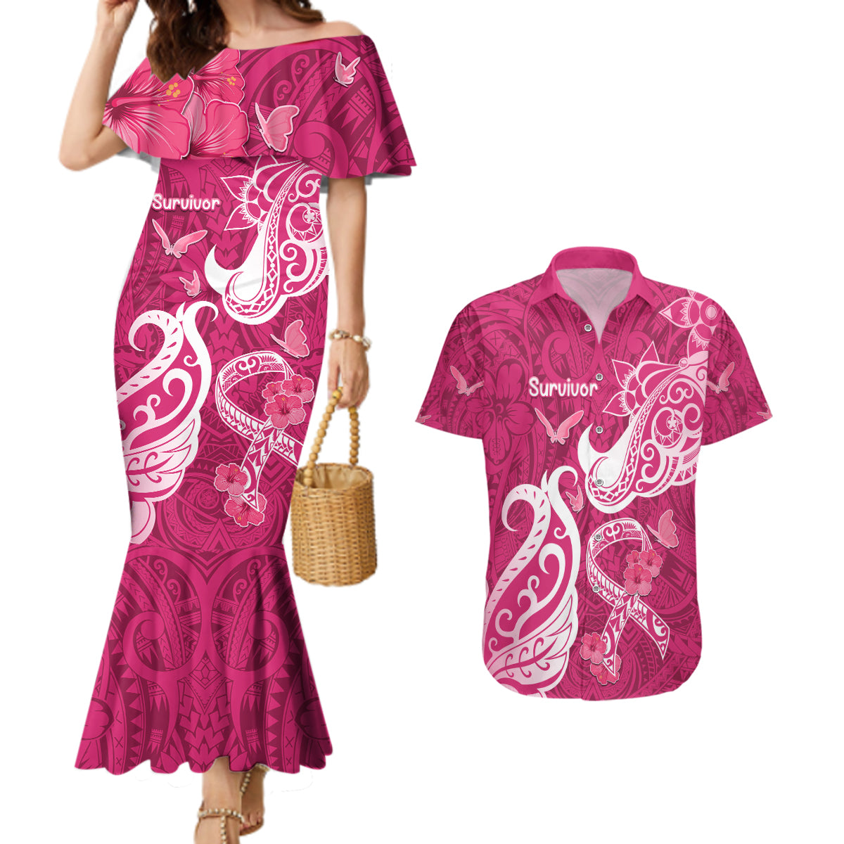 Breast Cancer Awareness Couples Matching Mermaid Dress and Hawaiian Shirt Ribbon Polynesian Pattern Pink Version LT05 Pink - Polynesian Pride