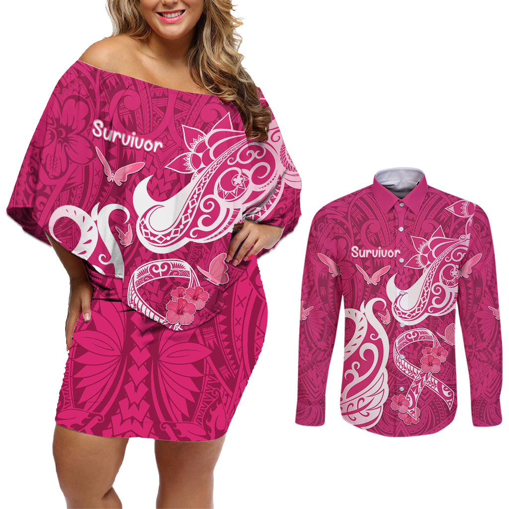 Breast Cancer Awareness Couples Matching Off Shoulder Short Dress and Long Sleeve Button Shirts Ribbon Polynesian Pattern Pink Version LT05 Pink - Polynesian Pride