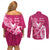 Breast Cancer Awareness Couples Matching Off Shoulder Short Dress and Long Sleeve Button Shirts Ribbon Polynesian Pattern Pink Version LT05 - Polynesian Pride