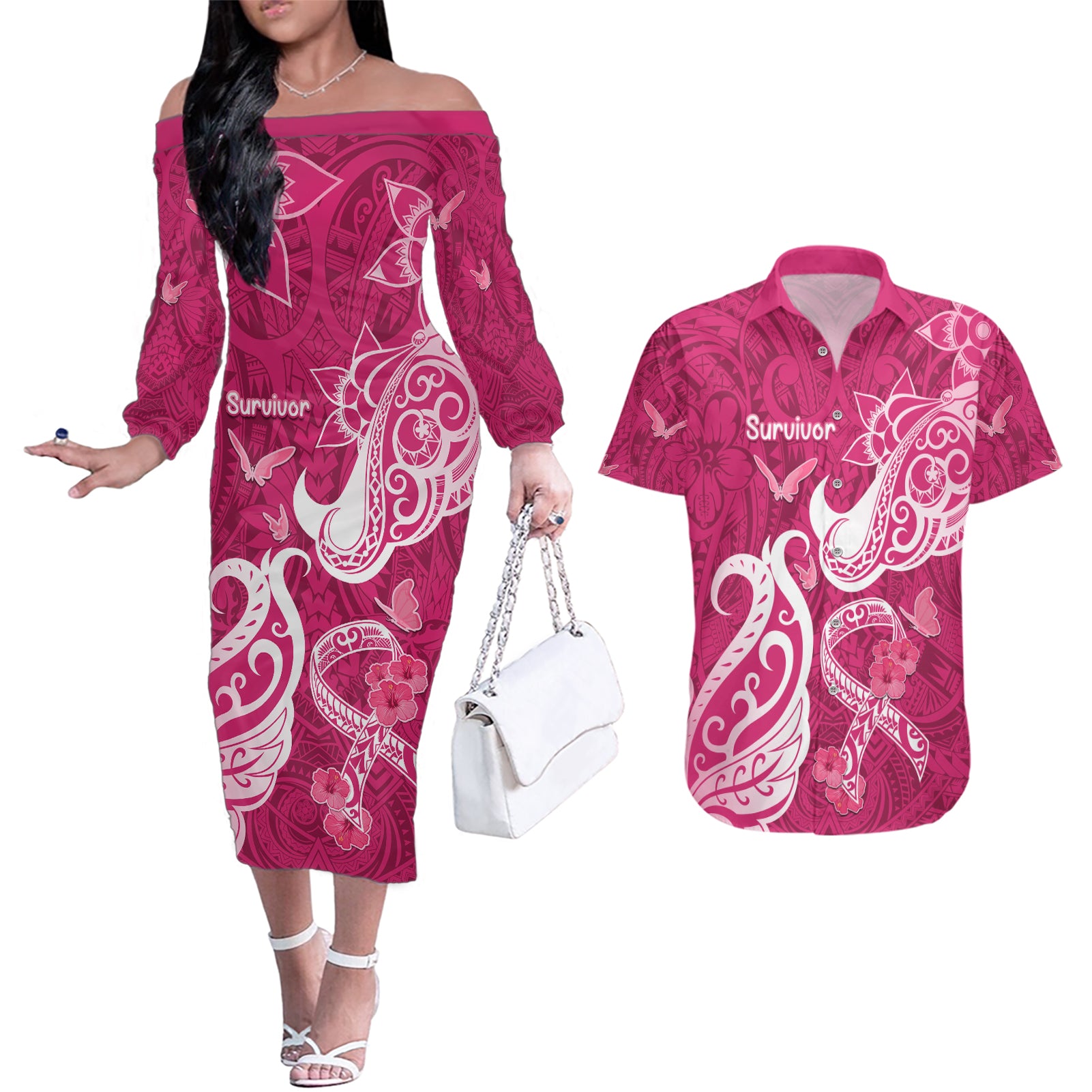 Breast Cancer Awareness Couples Matching Off The Shoulder Long Sleeve Dress and Hawaiian Shirt Ribbon Polynesian Pattern Pink Version LT05 Pink - Polynesian Pride