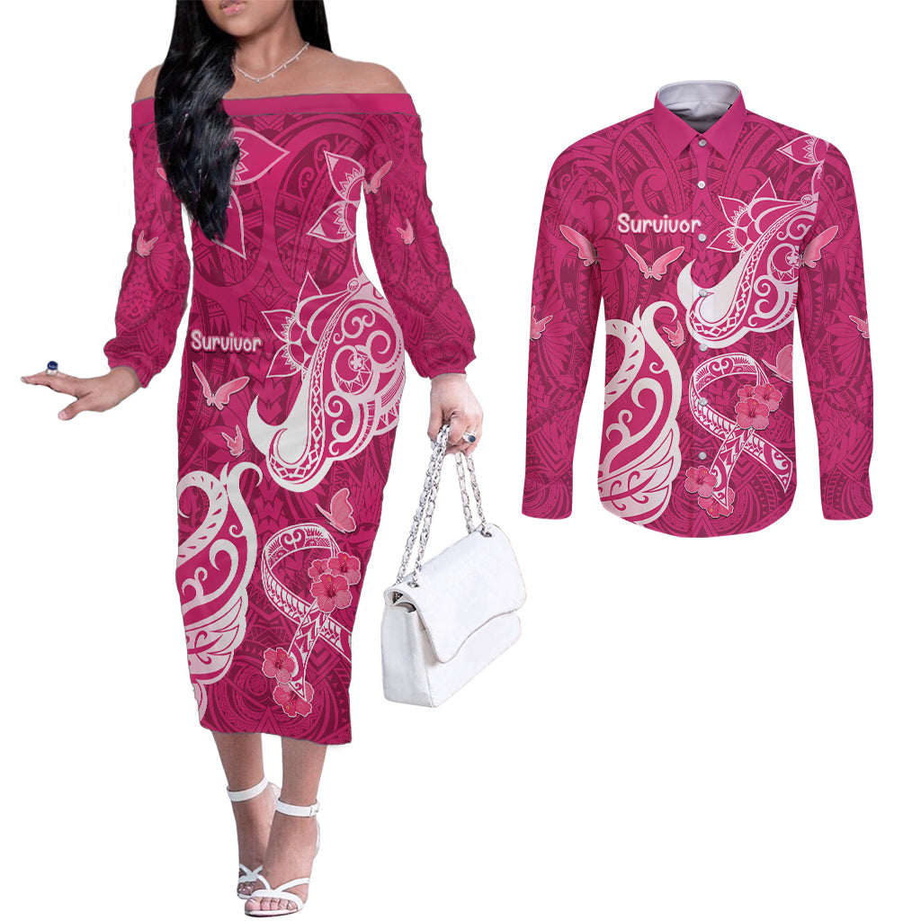 Breast Cancer Awareness Couples Matching Off The Shoulder Long Sleeve Dress and Long Sleeve Button Shirts Ribbon Polynesian Pattern Pink Version LT05 Pink - Polynesian Pride