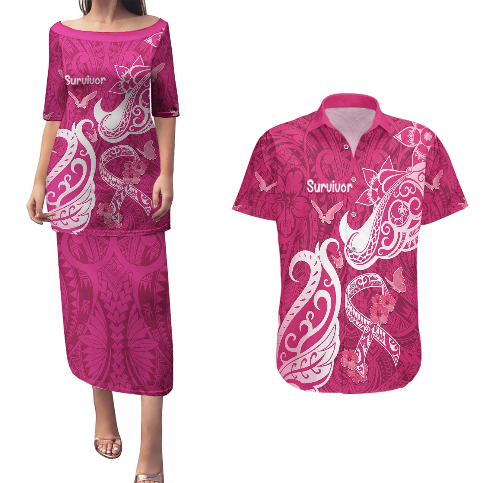 Breast Cancer Awareness Couples Matching Puletasi Dress and Hawaiian Shirt Ribbon Polynesian Pattern Pink Version LT05 Pink - Polynesian Pride