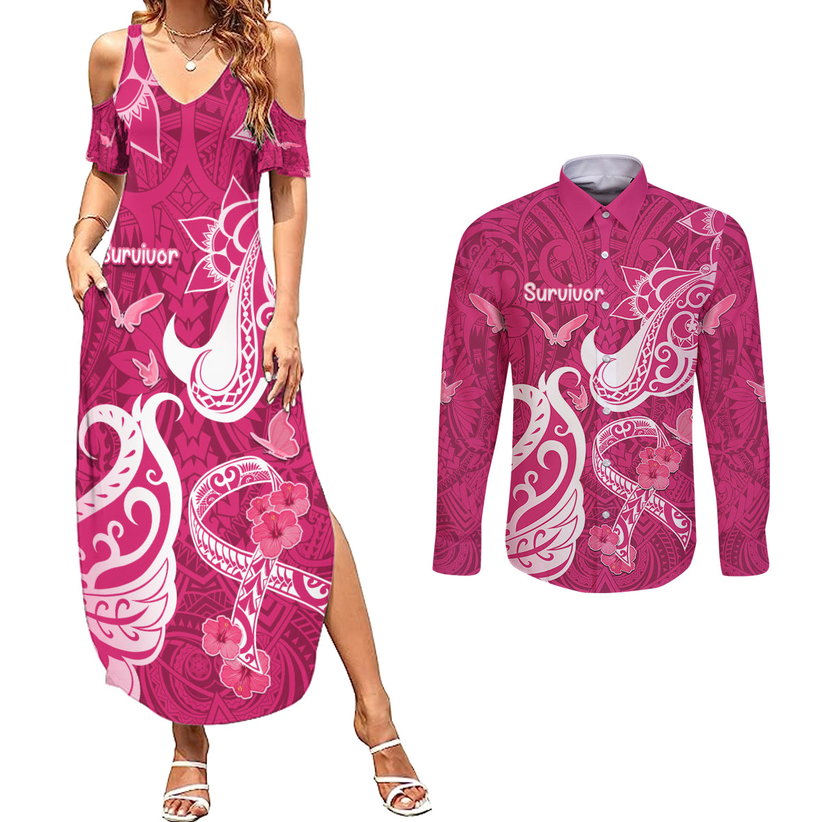 Breast Cancer Awareness Couples Matching Summer Maxi Dress and Long Sleeve Button Shirts Ribbon Polynesian Pattern Pink Version LT05 Pink - Polynesian Pride