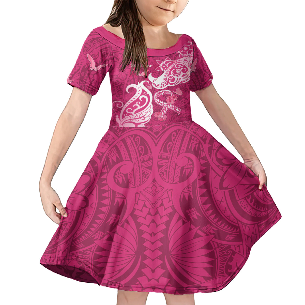 Breast Cancer Awareness Kid Short Sleeve Dress Ribbon Polynesian Pattern Pink Version LT05 KID Pink - Polynesian Pride