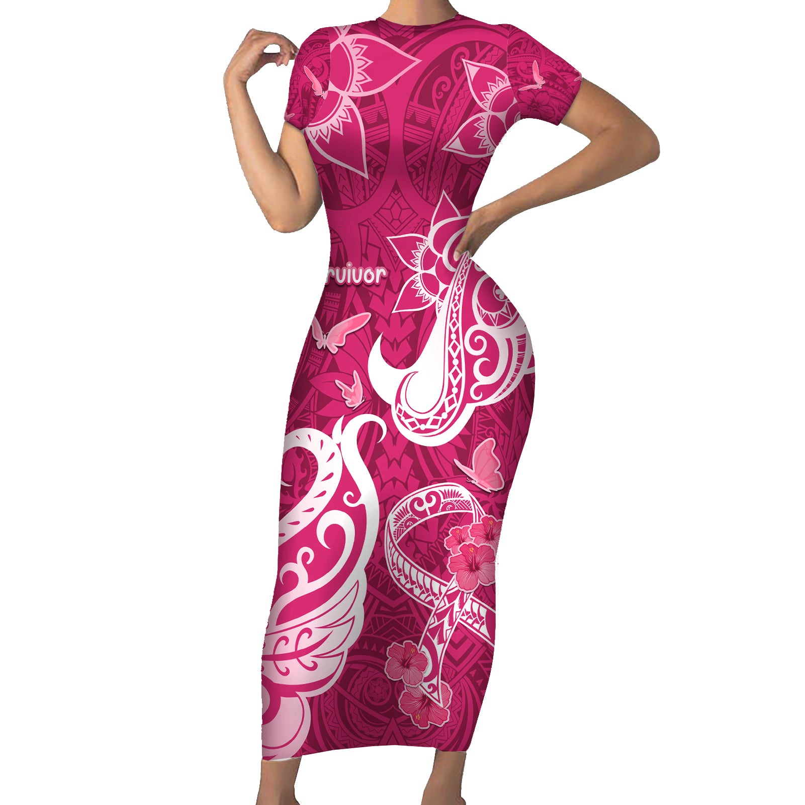 Breast Cancer Awareness Short Sleeve Bodycon Dress Ribbon Polynesian Pattern Pink Version LT05 Long Dress Pink - Polynesian Pride