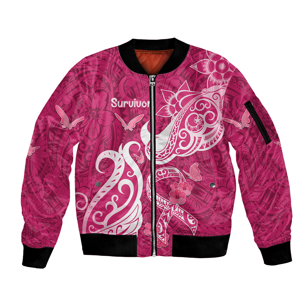 Breast Cancer Awareness Sleeve Zip Bomber Jacket Ribbon Polynesian Pattern Pink Version LT05 Unisex Pink - Polynesian Pride