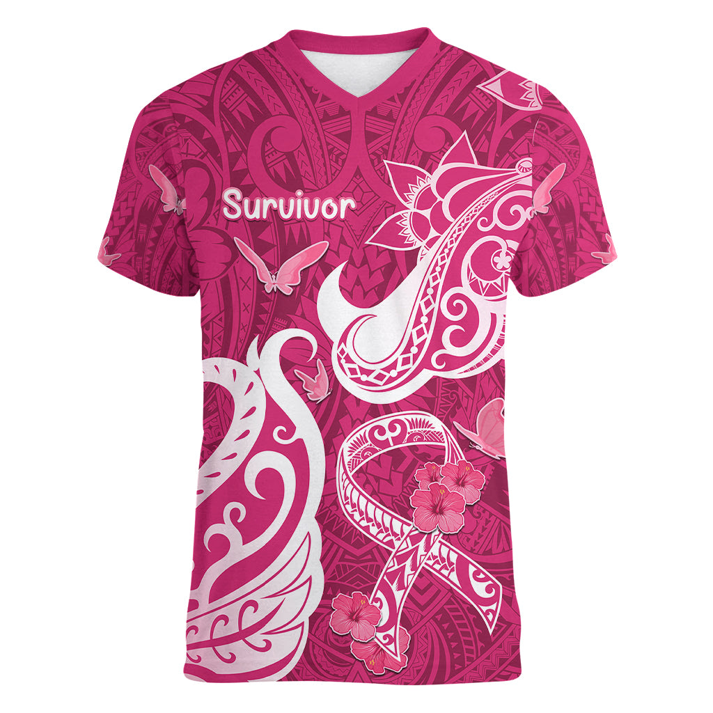 Breast Cancer Awareness Women V Neck T Shirt Ribbon Polynesian Pattern Pink Version LT05 Female Pink - Polynesian Pride