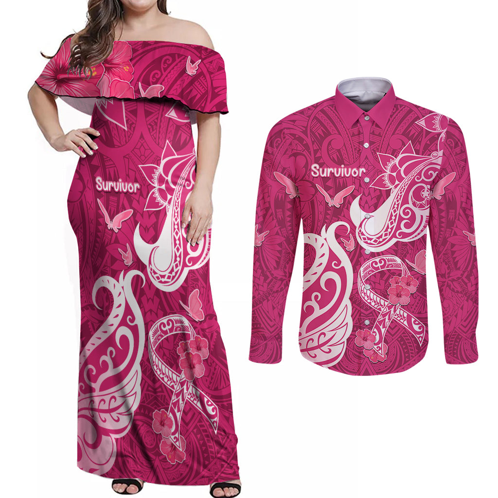 Personalized Breast Cancer Awareness Couples Matching Off Shoulder Maxi Dress and Long Sleeve Button Shirts Ribbon Polynesian Pattern Pink Version LT05 Pink - Polynesian Pride