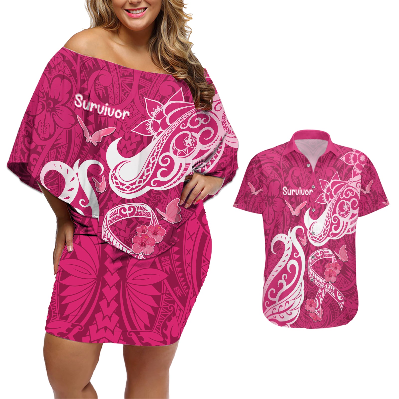 Personalized Breast Cancer Awareness Couples Matching Off Shoulder Short Dress and Hawaiian Shirt Ribbon Polynesian Pattern Pink Version LT05 Pink - Polynesian Pride